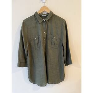 Chico's Women's 3 (L -XL) 14 Linen Button Up 3/4 Sleeve Shirt Olive Green